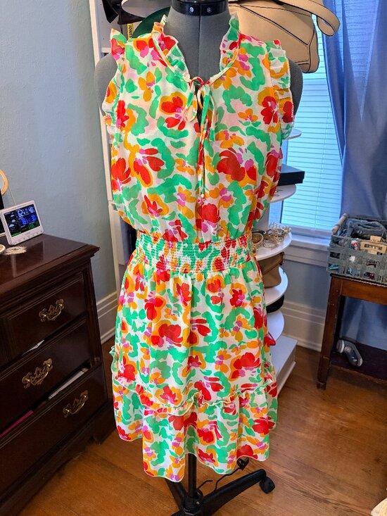 CAbi Dresses & Skirts - Cabi Floral Smocked Waist Dress Cottagecore Holiday Ruffle Midi Summer Resort